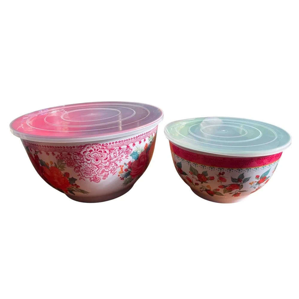 The Pioneer Woman Cheerful Rose Melamine Mixing Bowls Lids Set 10.5 In & 8 In